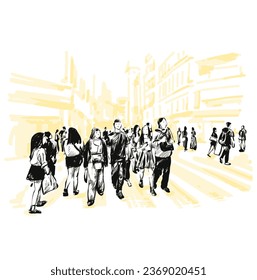 Drawing of Crowd of busy commuters crossing street in Shibuya crossroad, Tokyo