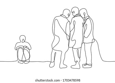 Drawing of a crowd and a lonely person. One continuous line art illustration of a single man sitting alone next to an enthusiastic crowd of standing guys who do not pay attention to him. For animation