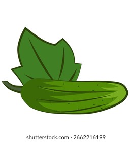 Desenho de um pepino com uma folha. Alimentação saudável. Desenho animado brilhante estilo de um pepino. EPS 10.