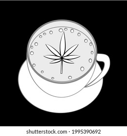 Drawing A cup of coffee with foam and logo in the shape of a marijuana leaf. Marijuana product for background. Card for Coffee Shop. Vector illustration.
