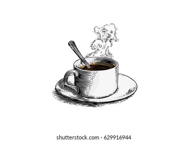 Drawing of cup of coffee with smoke over cup