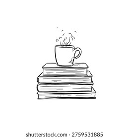 A drawing of a cup of coffee or tea on a stack of four books. Hand drawn in black and white.