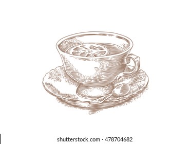 Drawing of cup of tea with lemon