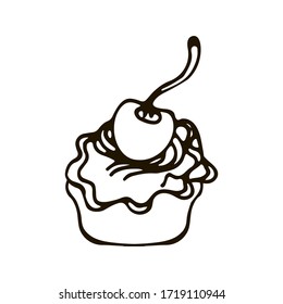 Drawing of a cupcake with cream and cherry with a sprig on top. Black lines and white background. Vector illustration. Single image.