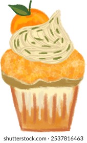 a drawing of a cupcake with a slice of orange on it watercolour clipart