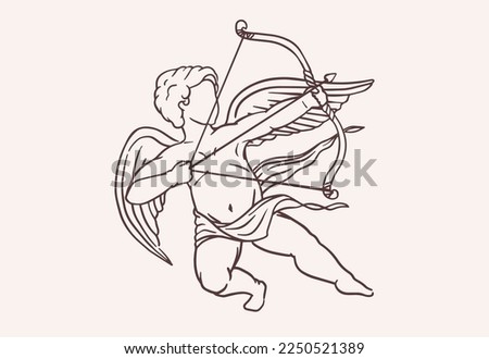 Drawing of Cupid holding bow and shooting arrow. Love and valentine's day symbol.