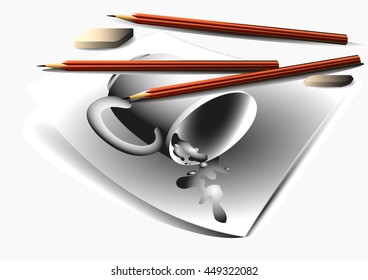 drawing cups on a piece of paper, pencils and eraser on top of the figure