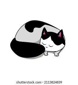 Drawing of a curled up sleeping black and white cat
