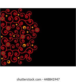 Drawing with curls, flower texture, a side illustration, graphic design, a vector pattern, flower petals, a black background, Slavic motive 