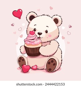 Drawing cute adorable teddy bear holding a cupcake with pink frosting with hearts in background. Vector illustration in cartoon style. Design for greeting card, birthday, poster, flyer, postcard.
