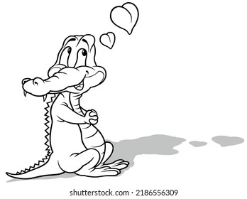 Drawing of a Cute Amorous Crocodile with Hearts - Cartoon Illustration Isolated on White Background, Vector