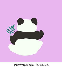 Drawing cute baby panda with bamboo green leaf on a pink background