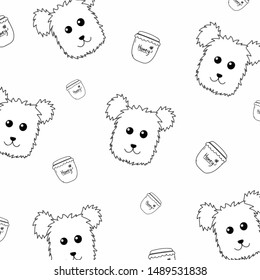 Drawing cute bear with honey jar doodle style background.Vector illustration.