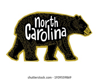 Drawing of cute Black Bear walking with North Carolina handwriting. For t-shirt design, labels, stickers, print design.  Vector illustration.