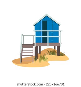 Drawing of cute blue beach hut on white background. Beach house vector illustration. Summer, traveling, holidays concept
