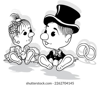 Drawing of a Cute Bride and Groom Sitting on the Ground - Cartoon Illustration Isolated on White Background, Vector