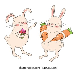 Drawing of a cute Bunnies  with flowers and carrots  isolated on a white background. Hand-drawn illustration.  Vector