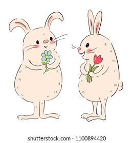 Drawing of a cute Bunnies with flowers   isolated on a white background. Hand-drawn illustration.  Vector