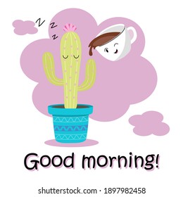 Drawing cute Cactus Good Morning with coffee on white