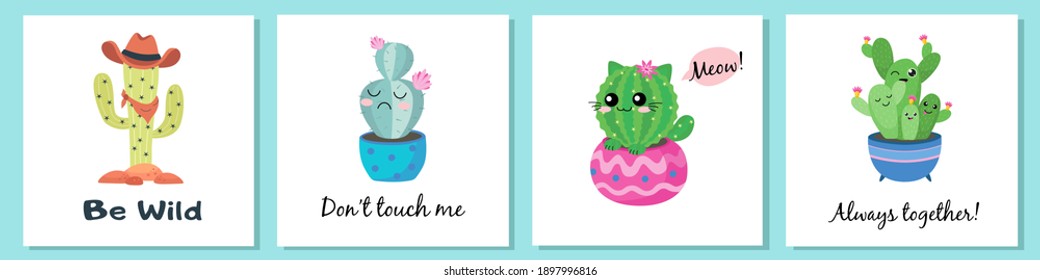 Drawing cute Cactus Pictures set on white