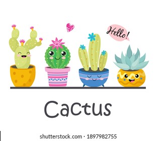 Drawing cute Cactus say hello on white