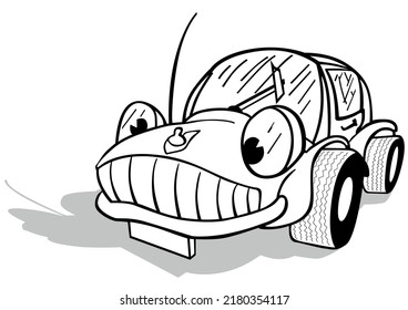 Drawing of a Cute Car with a Smile - Cartoon Illustration Isolated on White Background, Vector
