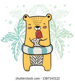 drawing cute cartoon flat vector yellow bear with life ring having strawberry Popsicle Ice cream in Summer time
