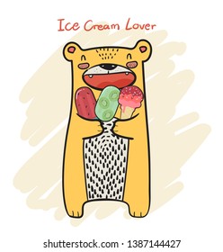 drawing cute cartoon flat vector yellow bear having Popsicle and Ice cream cone in Summer time
