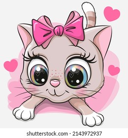 Drawing Cute Cartoon Kitten with bow on a pink background