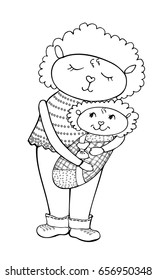 Drawing of a cute cartoon mom lamb with a baby in a diaper vector, black in white background