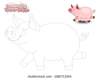 Drawing the Cute Cartoon Pig and Color. Educational game for Kids. Vector illustration