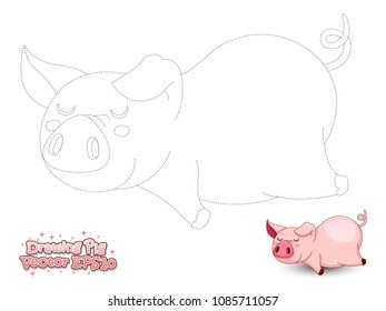 Drawing the Cute Cartoon Pig and Color. Educational game for Kids. Vector illustration