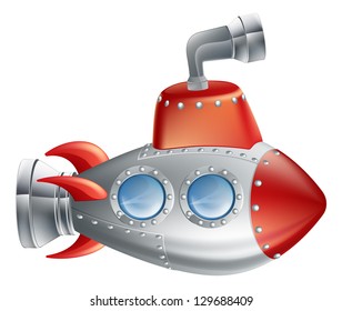 An drawing of a cute cartoon submarine in childrens illustration style.