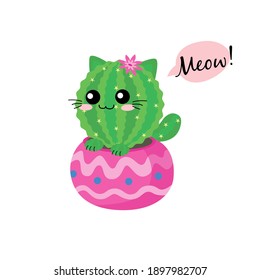 Drawing cute cat Cactus say Meow on white