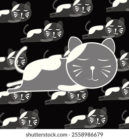 A drawing of a cute cat, a sleeping cat, black and white tones.