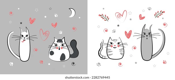 Сhildish drawing with cute cats, illustration
with cats in love. Background with cats in love, hearts, cat paws, stars and flowers. Vector texture for kids bedding, fabric, wallpaper, wrapping paper, 