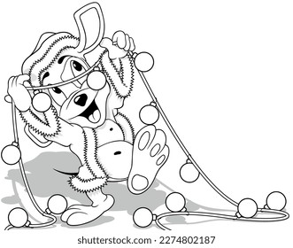 Drawing of Cute Cheerful Doggy in Santa Claus Costume with Paws Up Holding Christmas Lights - Cartoon Christmas Illustration Isolated on White Background, Vector