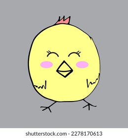 Drawing of a cute chicken. Hand drawn vector illustration for sticker, decor, postcard, icon, coloring book.