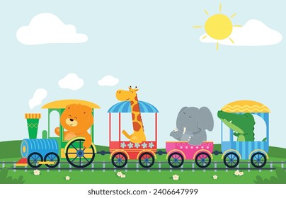 Dibujo de un lindo tren infantil con animales en él. Ilustración para la habitación de los niños, pancarta con animales al estilo de las caricaturas. Ilustración del vector