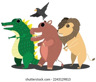 drawing cute crocodile hippo and lion drawing no background 