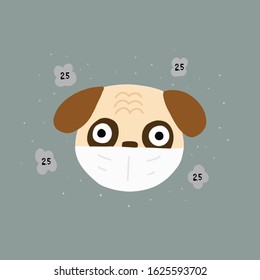 Drawing cute dog wearing mask  for protect dust PM2.5 doodle style.Vector illustration.Healthy,Air,Smoke,Dust concept