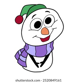 a drawing cute doodle white snowman wearing green hat and politely give a smile greeting