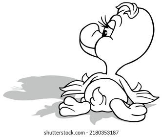 Drawing of a Cute Duckling Lying Down from the Back - Cartoon Illustration Isolated on White Background, Vector