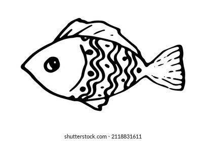 drawing of a cute fish-doodle. fish icon with a wavy line and dots pattern, isolated black outline on white for a design template. a simple children's drawing of a sea fish on the side