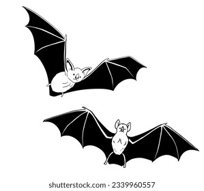 Drawing of cute flying bat. Nocturnal mammal animal mascot for halloween. Outline vector glyph illustration