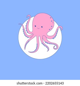 Drawing of a cute friendly octopus. With a smile, eyes and tentacles. The octopus is drawn in a linear style. It is easy to choose a different illustration color in the file, remove the circle, choose