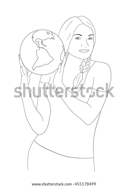 Drawing Cute Girl Holding Globe Sphere Stock Vector Royalty Free