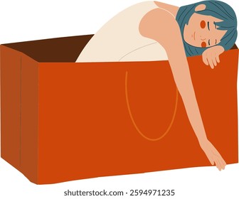 
Drawing of a cute girl sleeping on a orange shopping bag