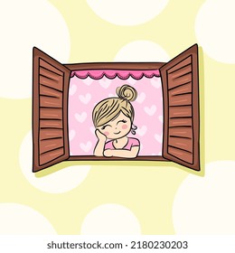 Drawing cute girl in the window