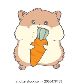 Drawing cute hamster cartoon. Hamster illustration. Surprised hamster eating orange carrot. Vector illustration of animal for nursery room decor, posters, greeting cards and party invitations. svg